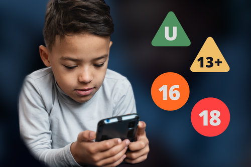 Child looks at a phone. Next to the child are age-rating symbols: U, 13+, 16, 18